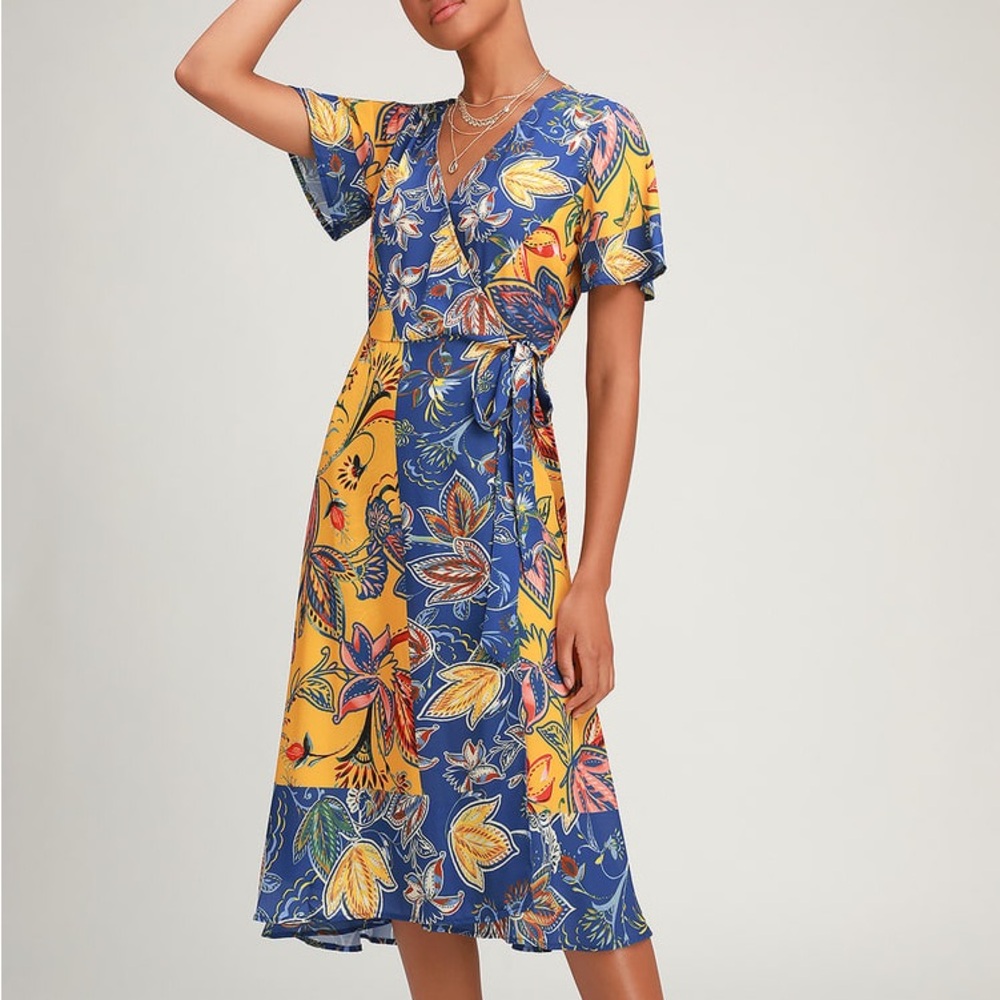 NWT! Lulus Blue & Yellow Floral Wrap Midi Dress